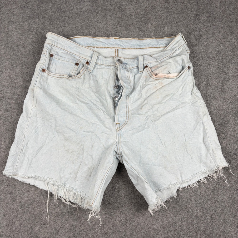 Levis 501 Denim Shorts Mens 32 Light Wash Cut Off Distressed Button Fly